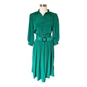 Sabino Womens VTG Belted Shirt Dress Polka Dot Shirt Dress Green Black